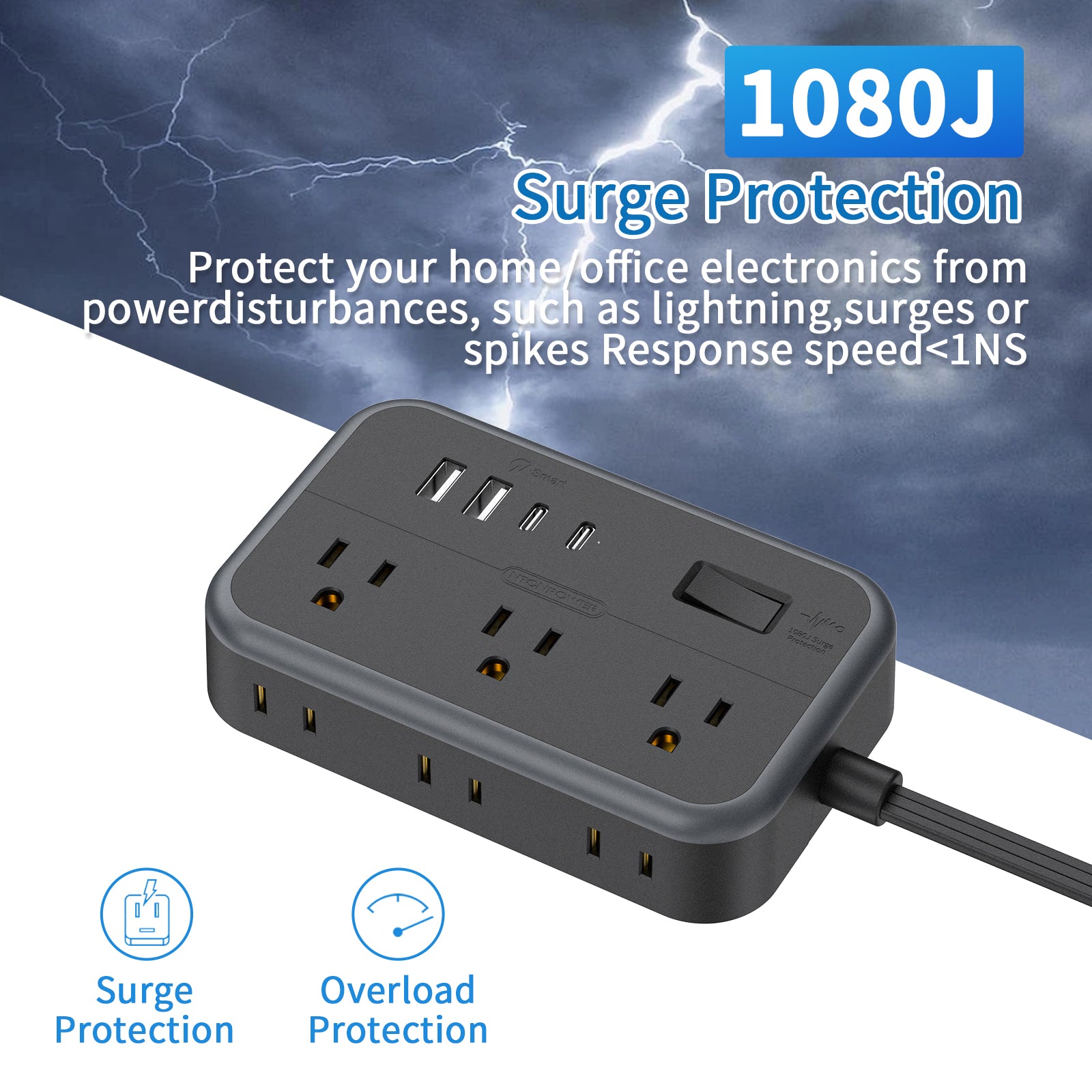 Ntonpower New Surge Protector Power Strip Tower 12 Outlets 2 USB-A 2 USB-C